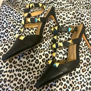 Edgy Black Ankle Strap Stiletto with Gold Studding Size 12 New